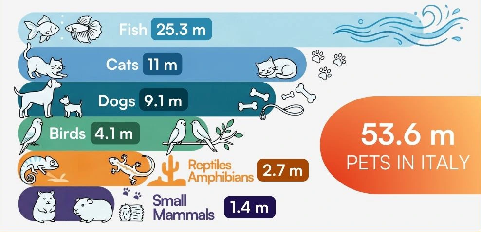 Infographic showing 53.6 million pets in Italy: fish 25.3m, cats 11m, dogs 9.1m, birds 4.1m, reptiles/amphibians 2.7m, small mammals 1.4m.
