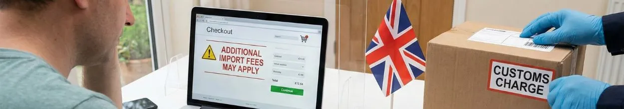Consumatore davanti a un avviso di tasse doganali su un sito e-commerce e pacco con dazio doganale nel contesto Brexit.