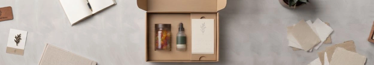 Vista dall'alto di un kit per e-commerce in scatola di cartone aperta, contenente un barattolo di caramelle gommose e un flacone con contagocce. Attorno ci sono quaderni, campioni di carta e una piantina.