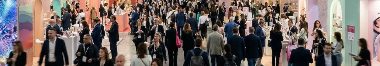 Una veduta aerea e panoramica del Cosmoprof Bologna 2026, che mostra i padiglioni gremiti di visitatori, espositori e addetti ai lavori che camminano tra stand espositivi colorati.