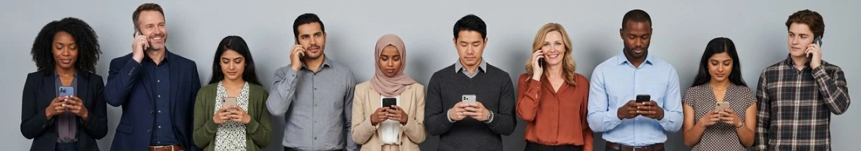 Una fila di nove persone diverse, disposte l'una accanto all'altra su uno sfondo grigio neutro, intente a utilizzare o guardare i propri smartphone.