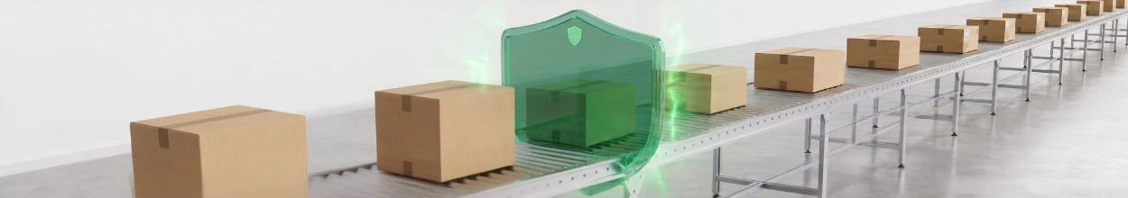 Un nastro trasportatore industriale su cui scorrono diverse scatole di cartone; al centro, una delle scatole è avvolta da uno scudo protettivo verde semitrasparente e luminoso, a simboleggiare sicurezza o controllo.