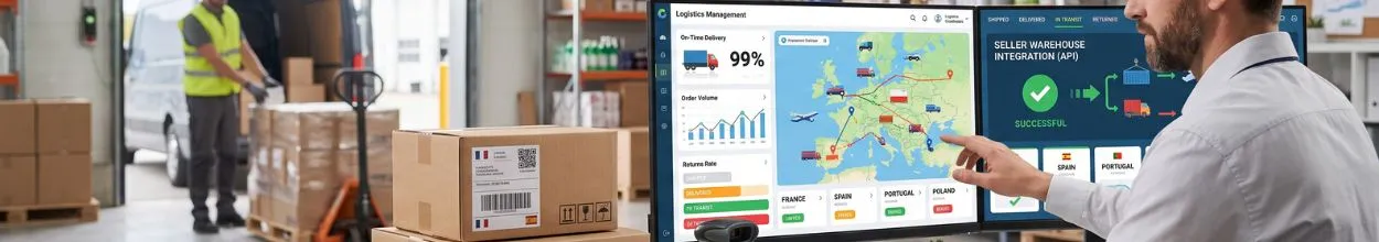 Operatore logistico gestisce una dashboard digitale su due schermi per il monitoraggio e l'integrazione del magazzino in un ambiente operativo.