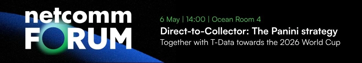 Netcomm Forum logo with workshop details: "Direct-to-Collector: The Panini strategy", scheduled for 6 May at 14:00 in Room Ocean 4, in collaboration with T-Data for the 2026 World Cup.