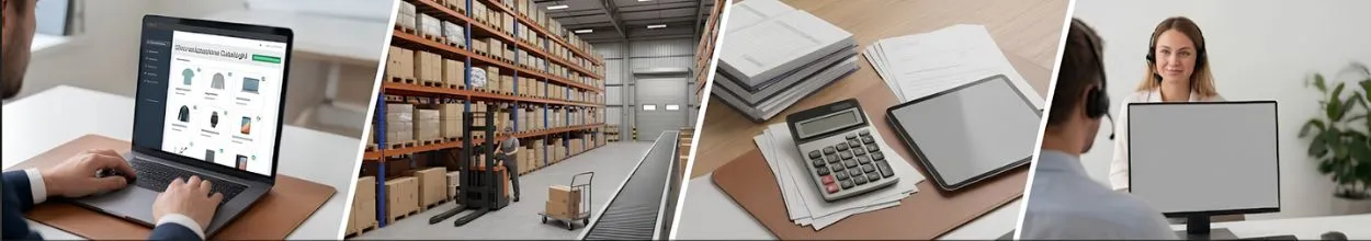Collage di immagini sui servizi e-commerce in outsourcing: gestione del catalogo online, logistica di magazzino, contabilità e servizio clienti.