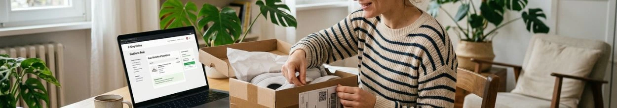 Una cliente a casa avvia la procedura di reso online su un laptop mentre ripone un paio di scarpe bianche nella loro confezione originale, pronta per essere spedita.