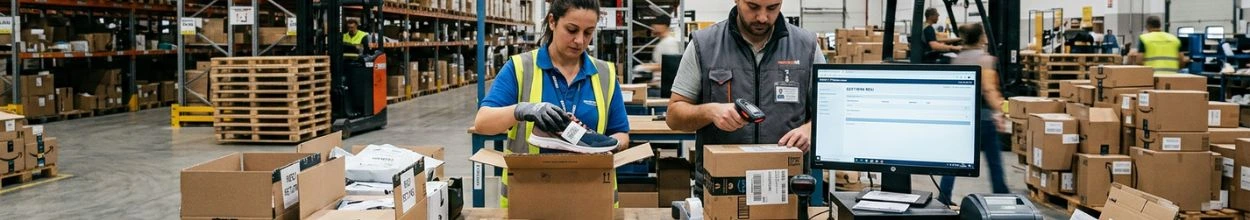 Due operatori in un magazzino logistico gestiscono i resi: una donna esamina un paio di scarpe mentre un collega scansiona un pacco con un lettore barcode davanti a un monitor che mostra un software gestionale.