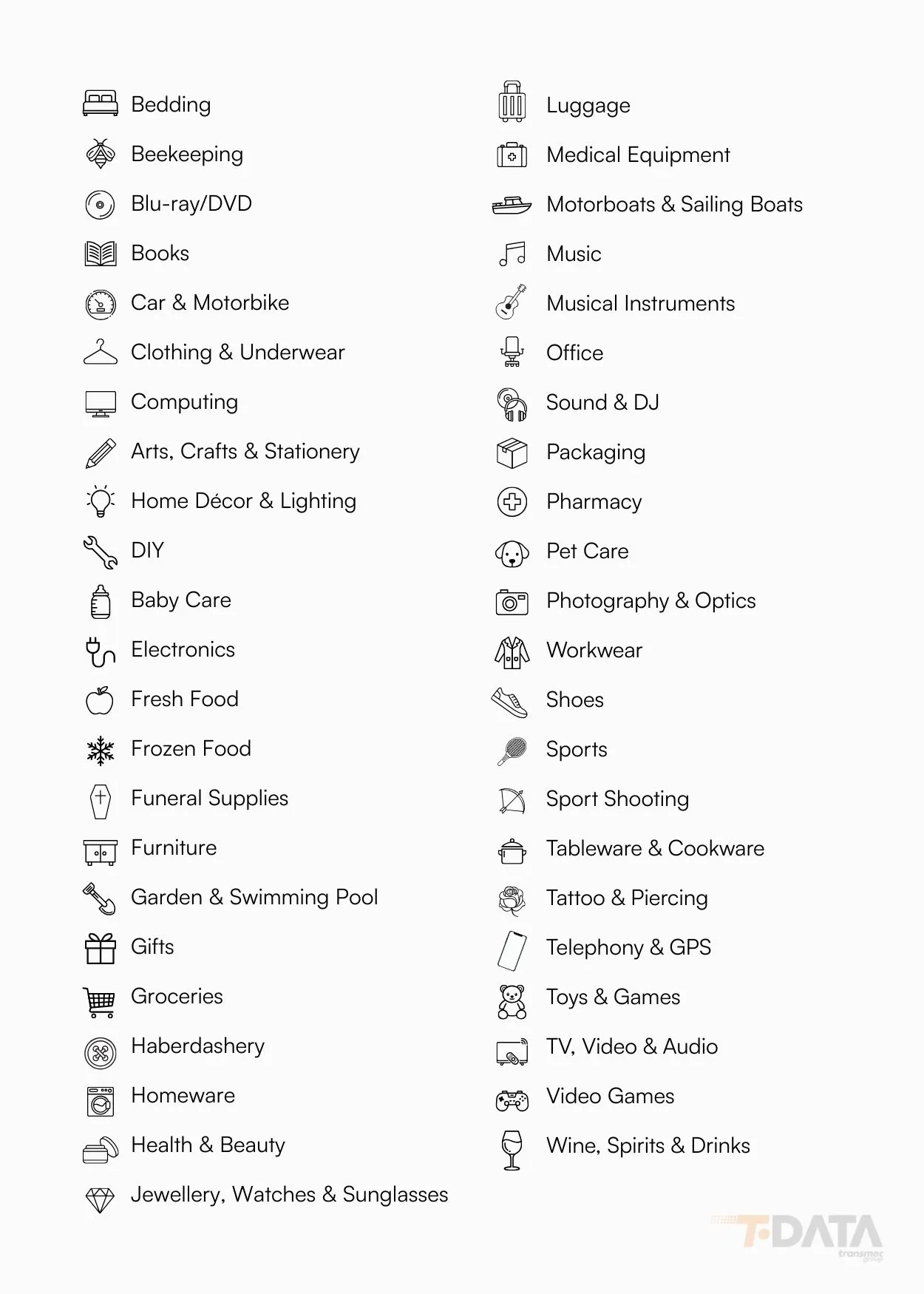 Graphic listing the various product categories available on Cdiscount, ranging from electronics to home goods.